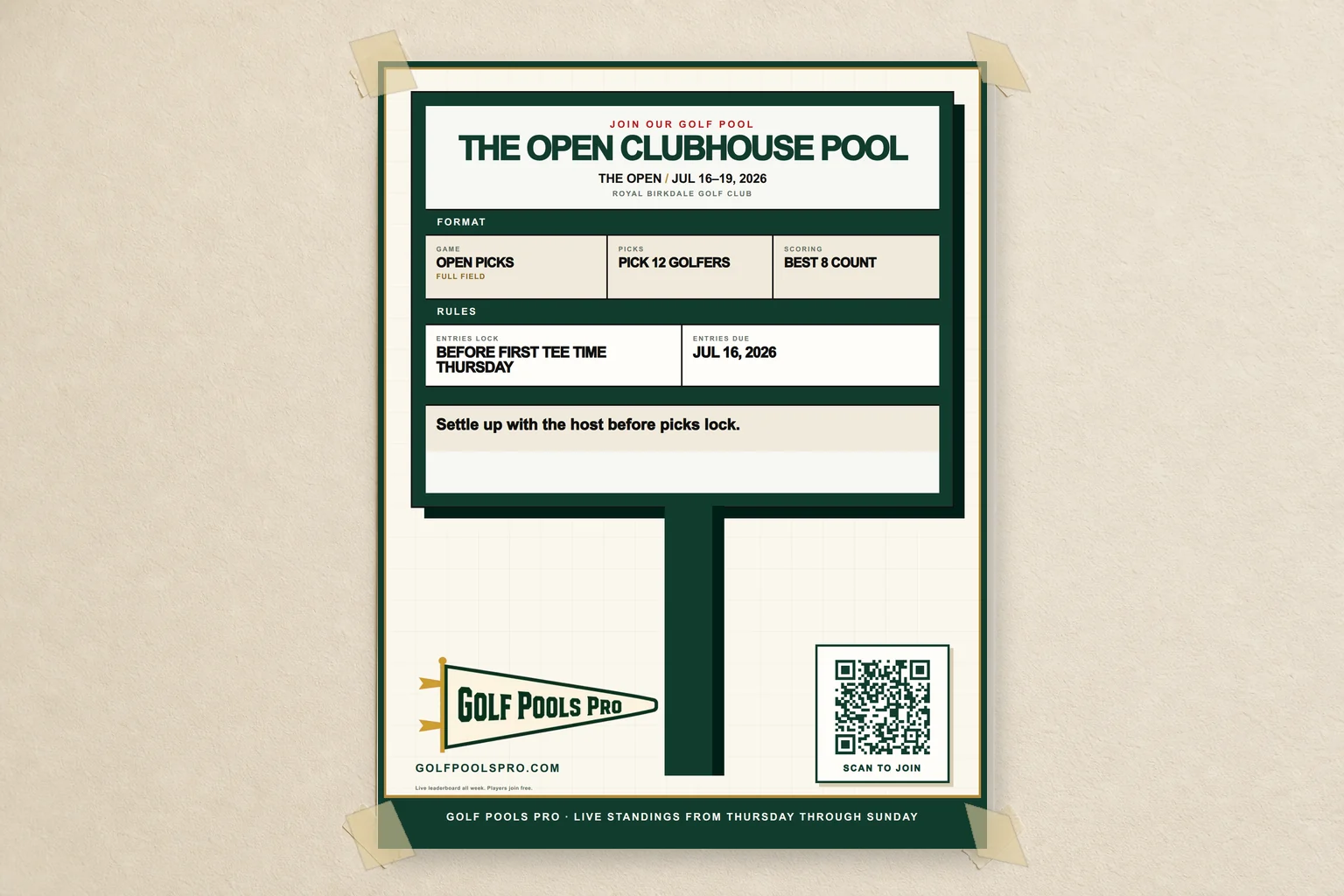 Sample Golf Pools Pro signup poster taped to a clubhouse wall